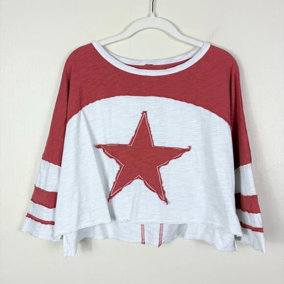 Bohemian Oversized Elbow Sleeve Crew Neck Cropped Rolled Trim Star Tee - Picture 1 of 10